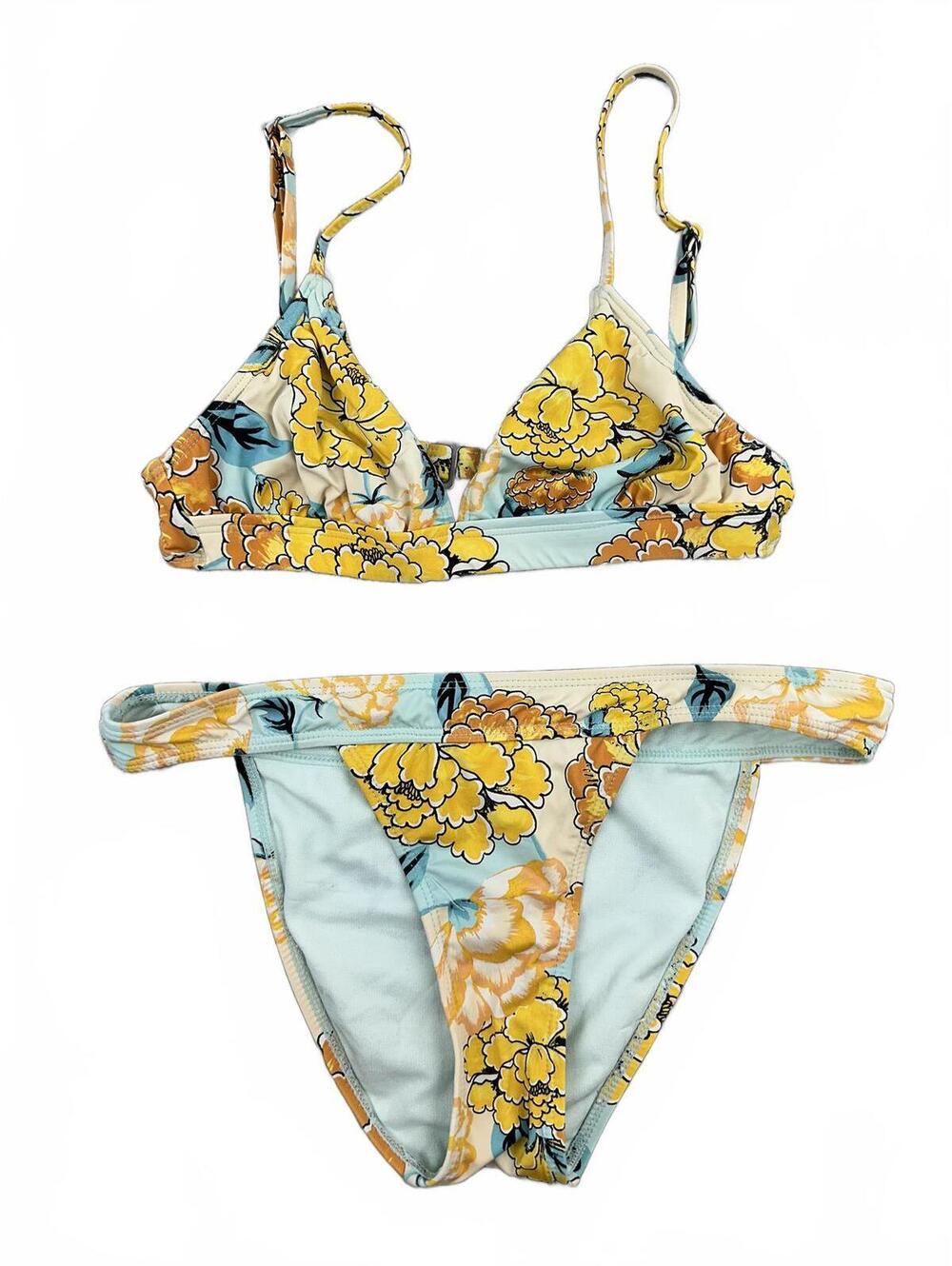 The Bikini Lab Floral Two Piece Bikini Set Light Blue Yellow Adjustable Straps